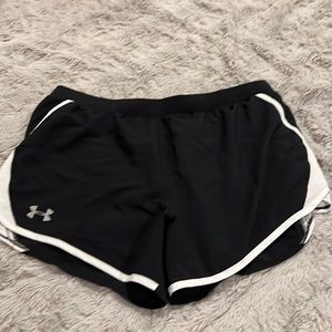 Under Armour black women’s running shorts. White stripe on sides.